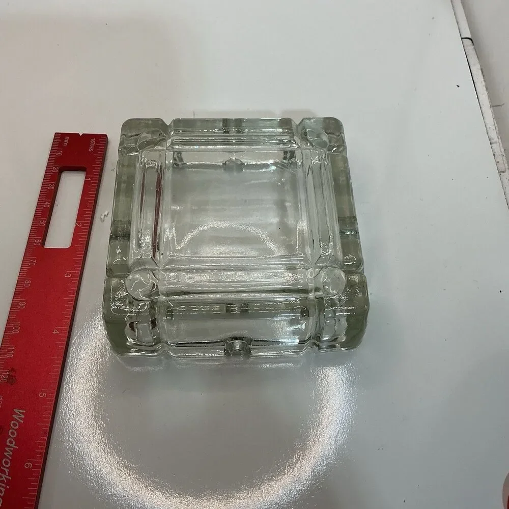 Vtg Mid Century Clear Square Glass Ashtray 4